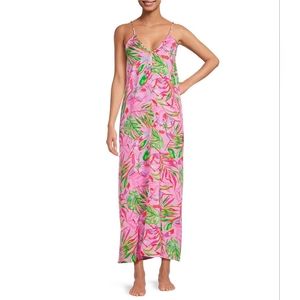 Palm Print V-Neck Sleeveless Satin Woven Maxi Chemise